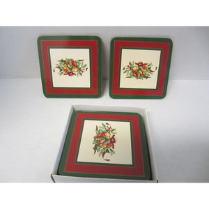 NEW IN BOX SET OF 6 FRUIT AND HOLLY CORK BACK  HOLIDAY COASTERS